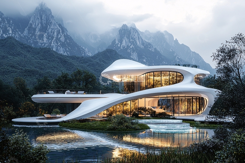 高清大图下载【趣麦麦图】山峦环绕的现代建筑