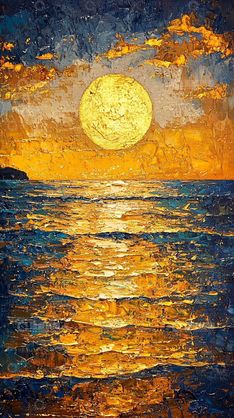 高清大图下载【趣麦麦图】金色月亮倒映海面