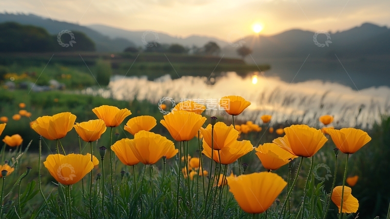 高清大图下载【趣麦麦图】夕阳下金黄虞美人花田