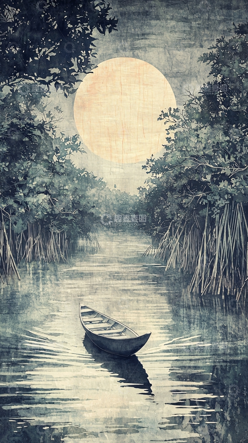 高清大图下载【趣麦麦图】月光下的独木舟