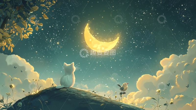 高清大图下载【趣麦麦图】星空猫咪月亮