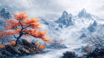 冬日雪山红枫树