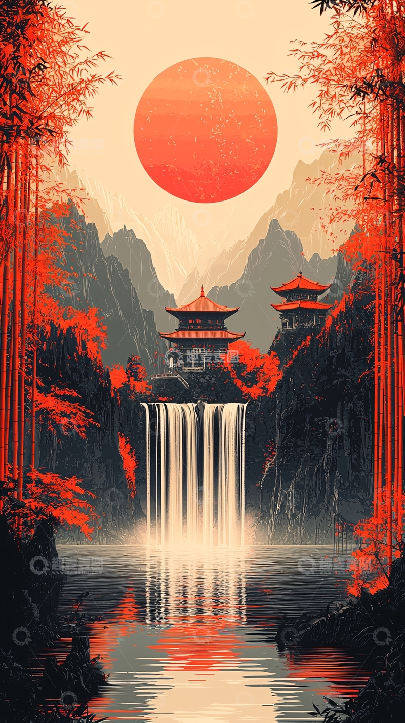 高清大图下载【趣麦麦图】日式山水瀑布红叶建筑