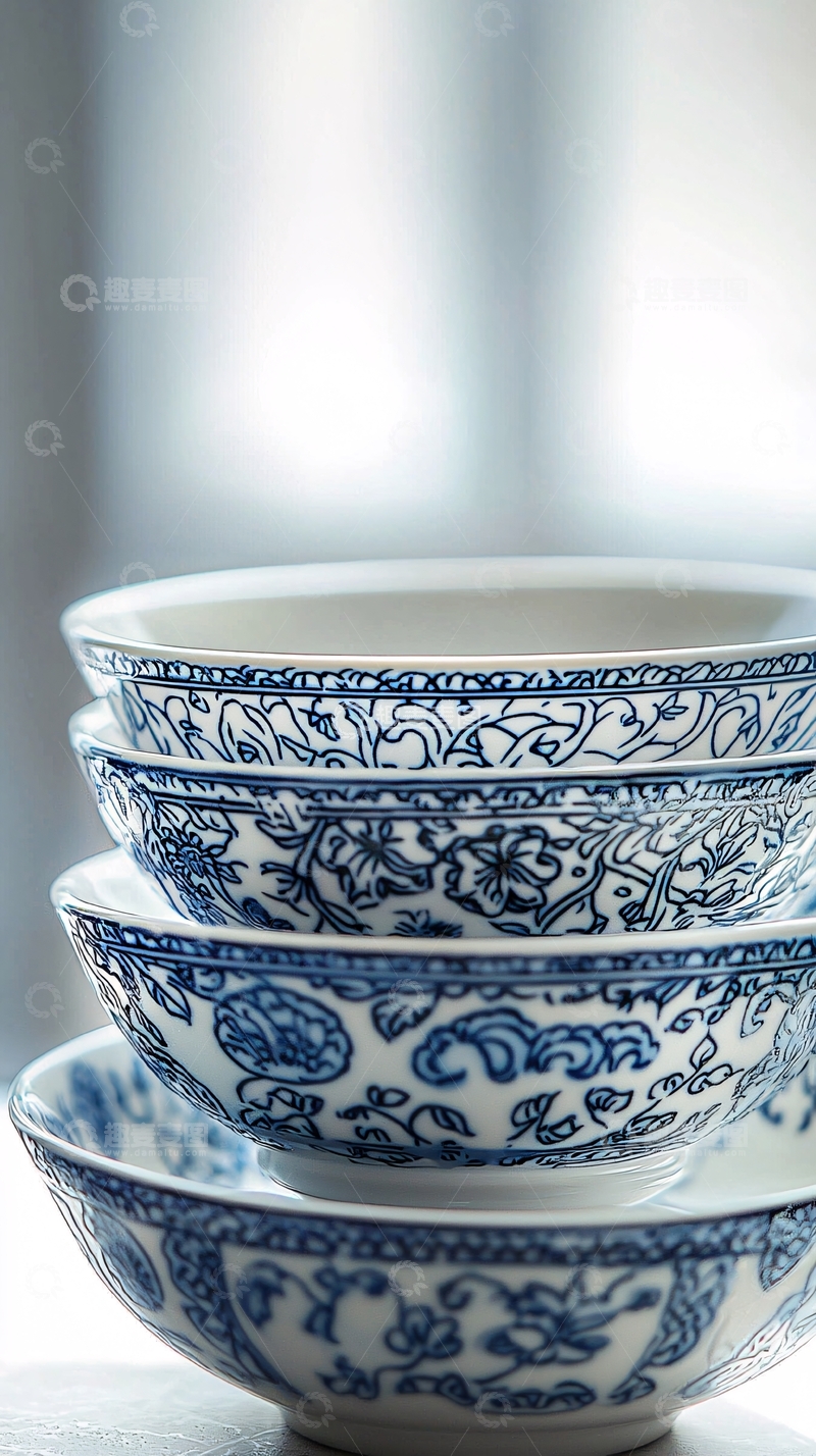 高清大图下载【趣麦麦图】蓝色瓷碗堆叠