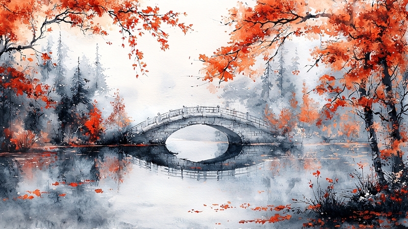 高清大图下载【趣麦麦图】秋日红叶桥流水