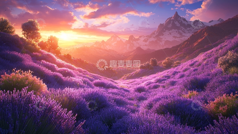 高清大图下载【趣麦麦图】紫色薰衣草花田日落