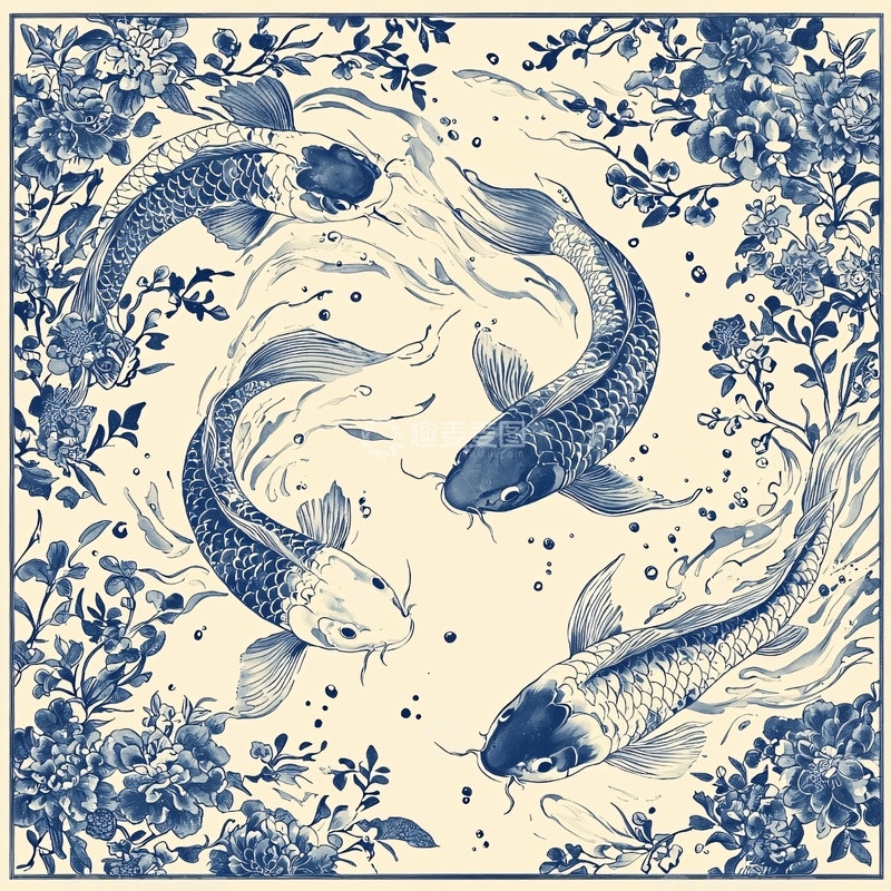 高清大图下载【趣麦麦图】锦鲤青花瓷风格图案
