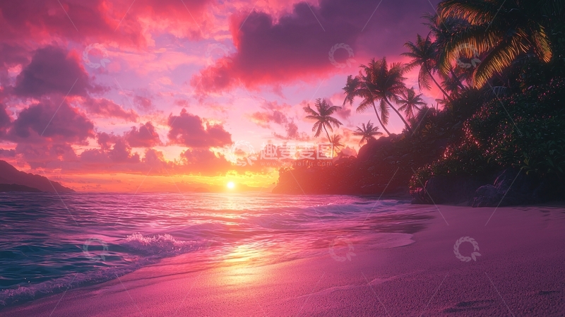 高清大图下载【趣麦麦图】粉色日落海滩