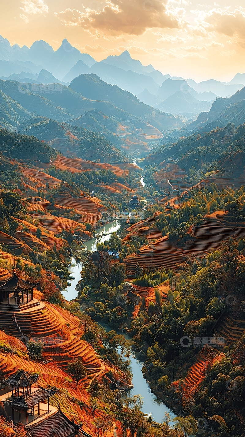 高清大图下载【趣麦麦图】山间梯田河流的壮丽景色