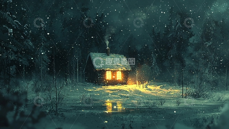 高清大图下载【趣麦麦图】雪夜森林小屋