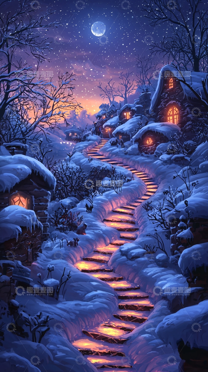 高清大图下载【趣麦麦图】冬日雪夜梦幻小村庄