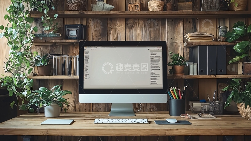 高清大图下载【趣麦麦图】木质书桌上的电脑工作空间