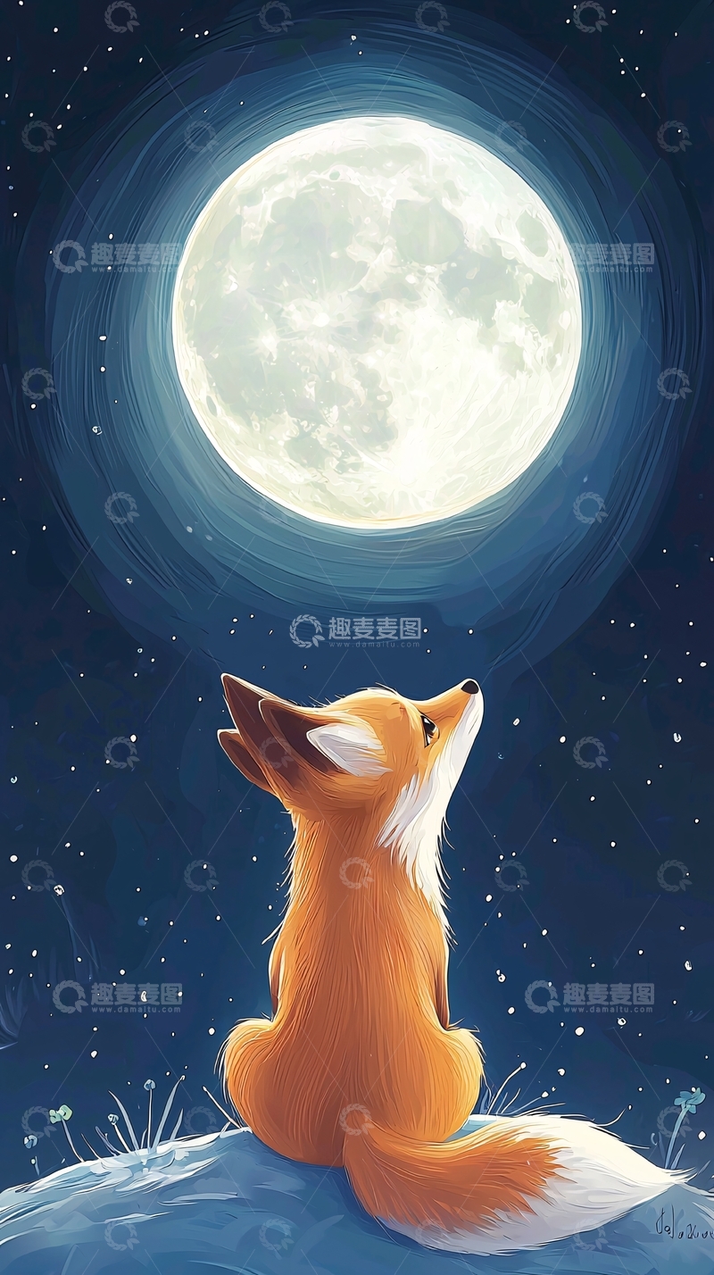 高清大图下载【趣麦麦图】小狐狸仰望满月星空