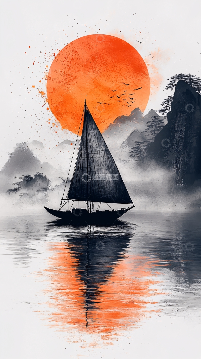 高清大图下载【趣麦麦图】水墨风帆船与日落