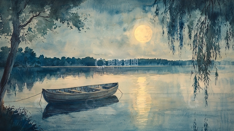高清大图下载【趣麦麦图】月光下湖面小船