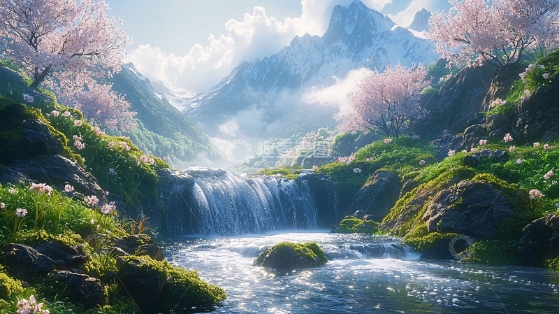 高清大图下载【趣麦麦图】春意盎然的山水瀑布