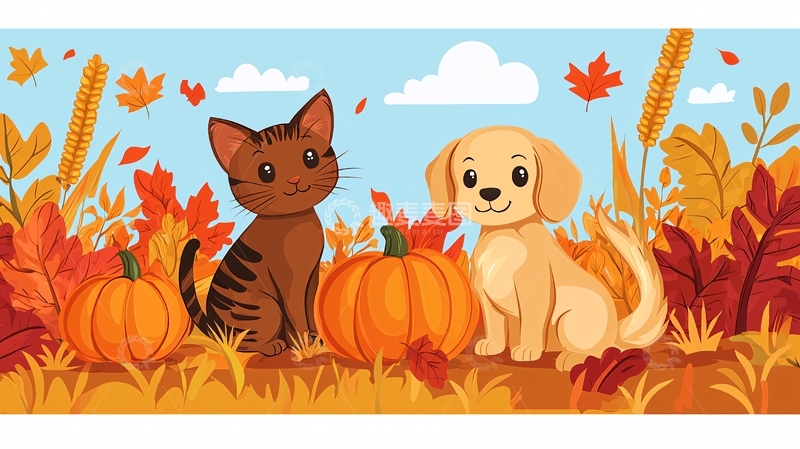 高清大图下载【趣麦麦图】猫咪狗狗南瓜秋叶