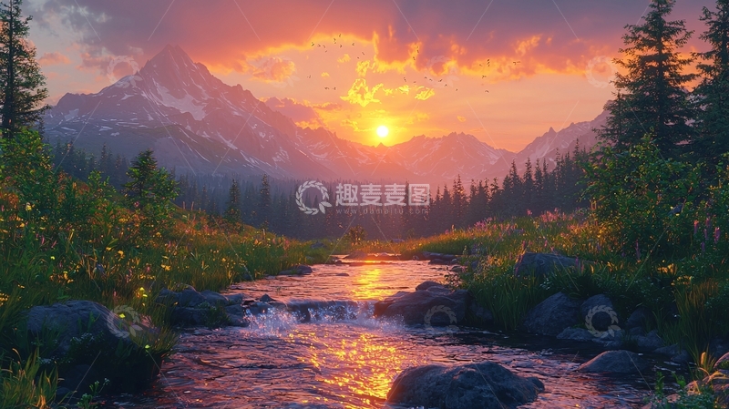 高清大图下载【趣麦麦图】日落山川河流风景