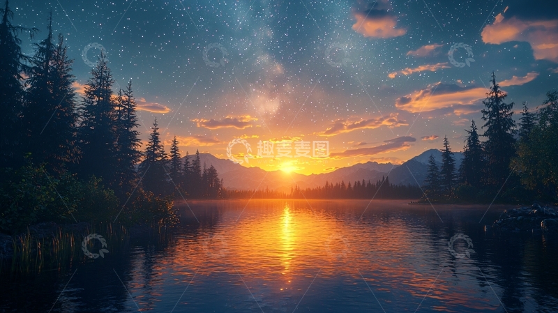 高清大图下载【趣麦麦图】星空下湖边日落