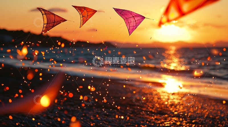 高清大图下载【趣麦麦图】夕阳下海边三角旗