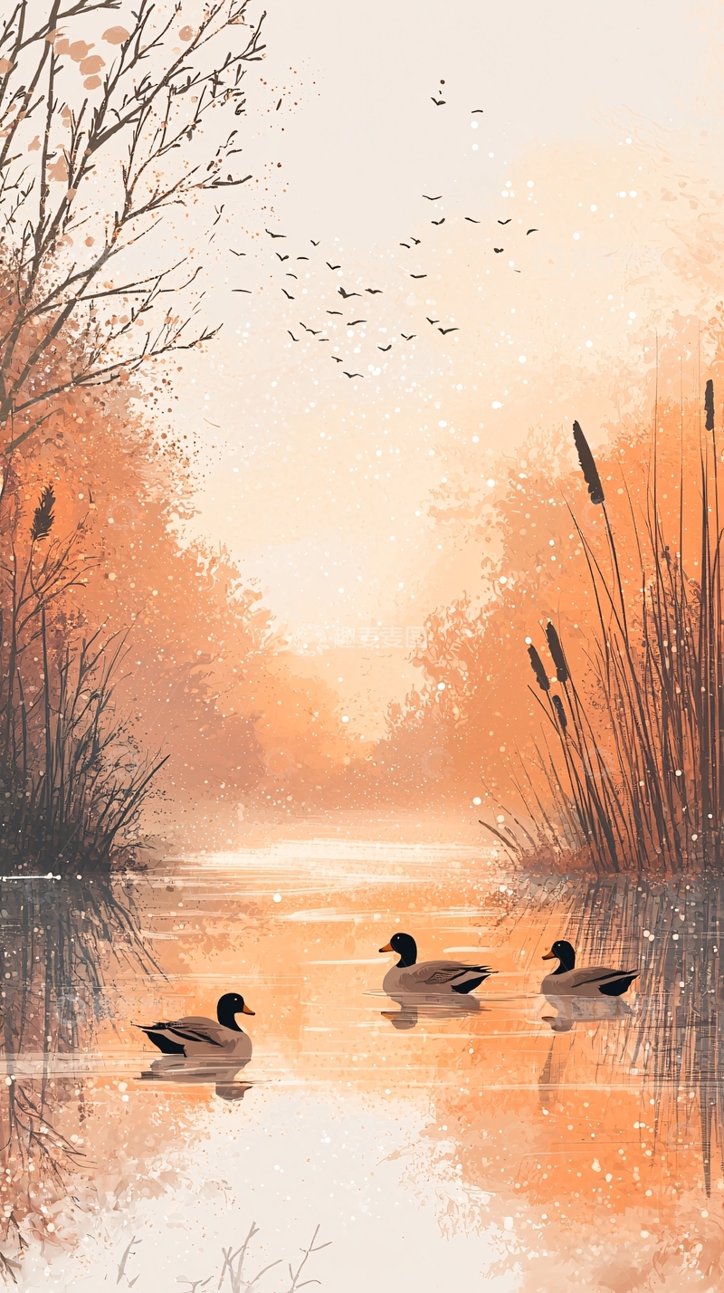 高清大图下载【趣麦麦图】秋日湖面鸭子嬉戏