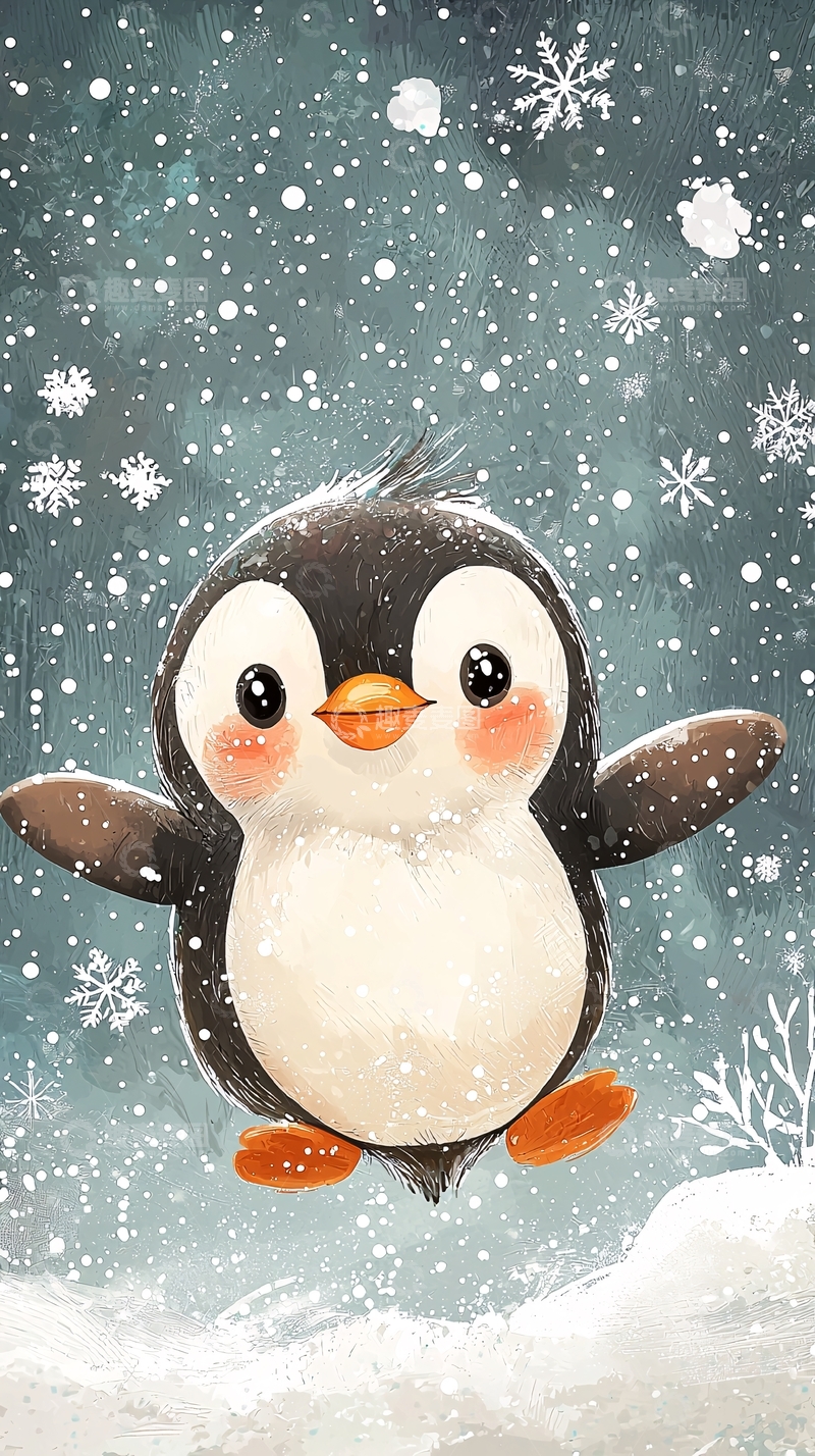 高清大图下载【趣麦麦图】可爱企鹅雪中嬉戏