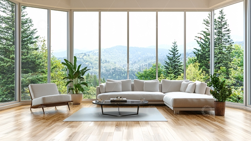 高清大图下载【趣麦麦图】极简风格客厅落地窗山景