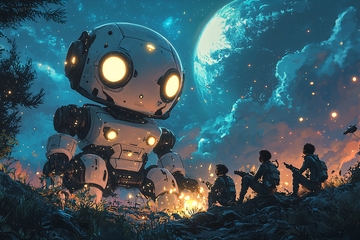 巨型机器人与人类篝火夜谈