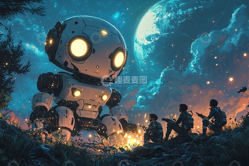 高清大图下载【趣麦麦图】巨型机器人与人类篝火夜谈