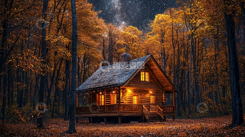高清大图下载【趣麦麦图】秋夜森林木屋