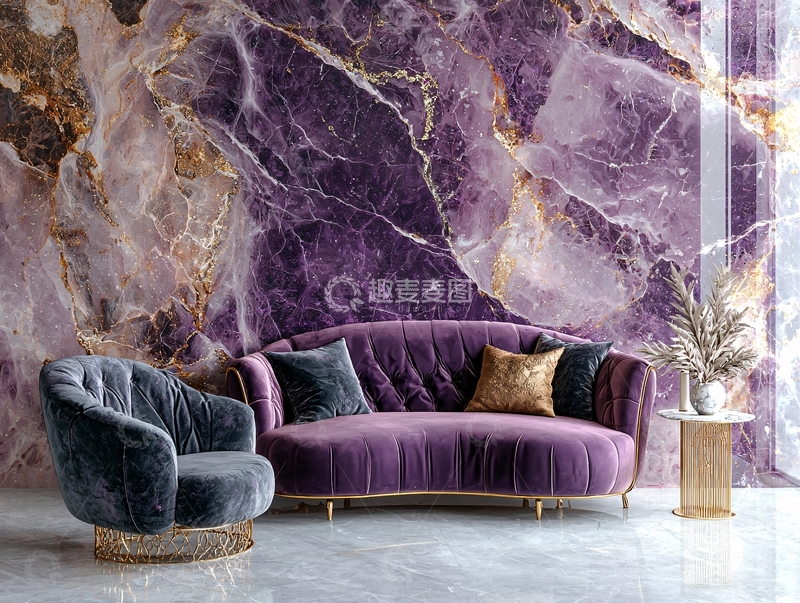 高清大图下载【趣麦麦图】紫色大理石纹理背景下的紫色沙发