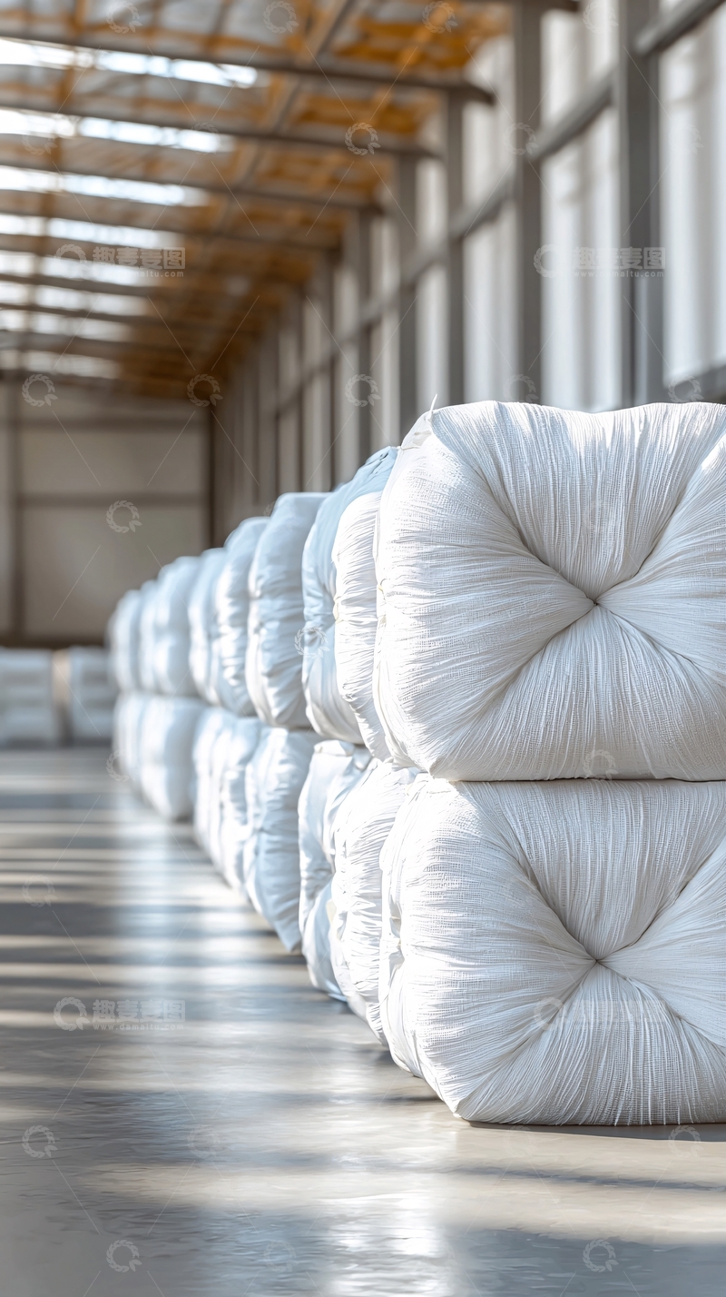 高清大图下载【趣麦麦图】仓库里堆放的白色棉花包