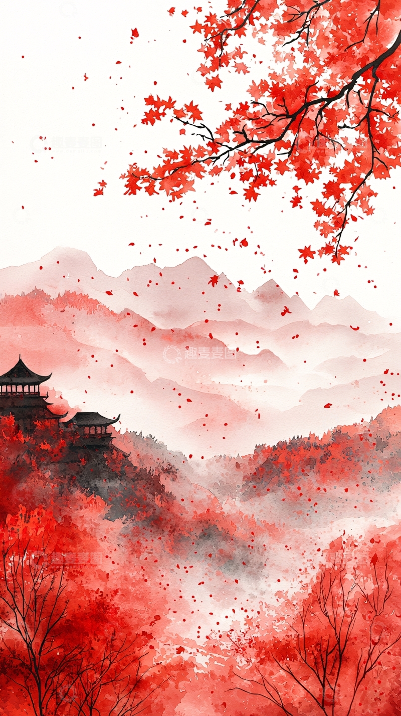 高清大图下载【趣麦麦图】红叶山景水墨画