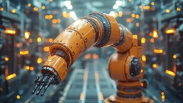 橙色工业机器人手臂特写