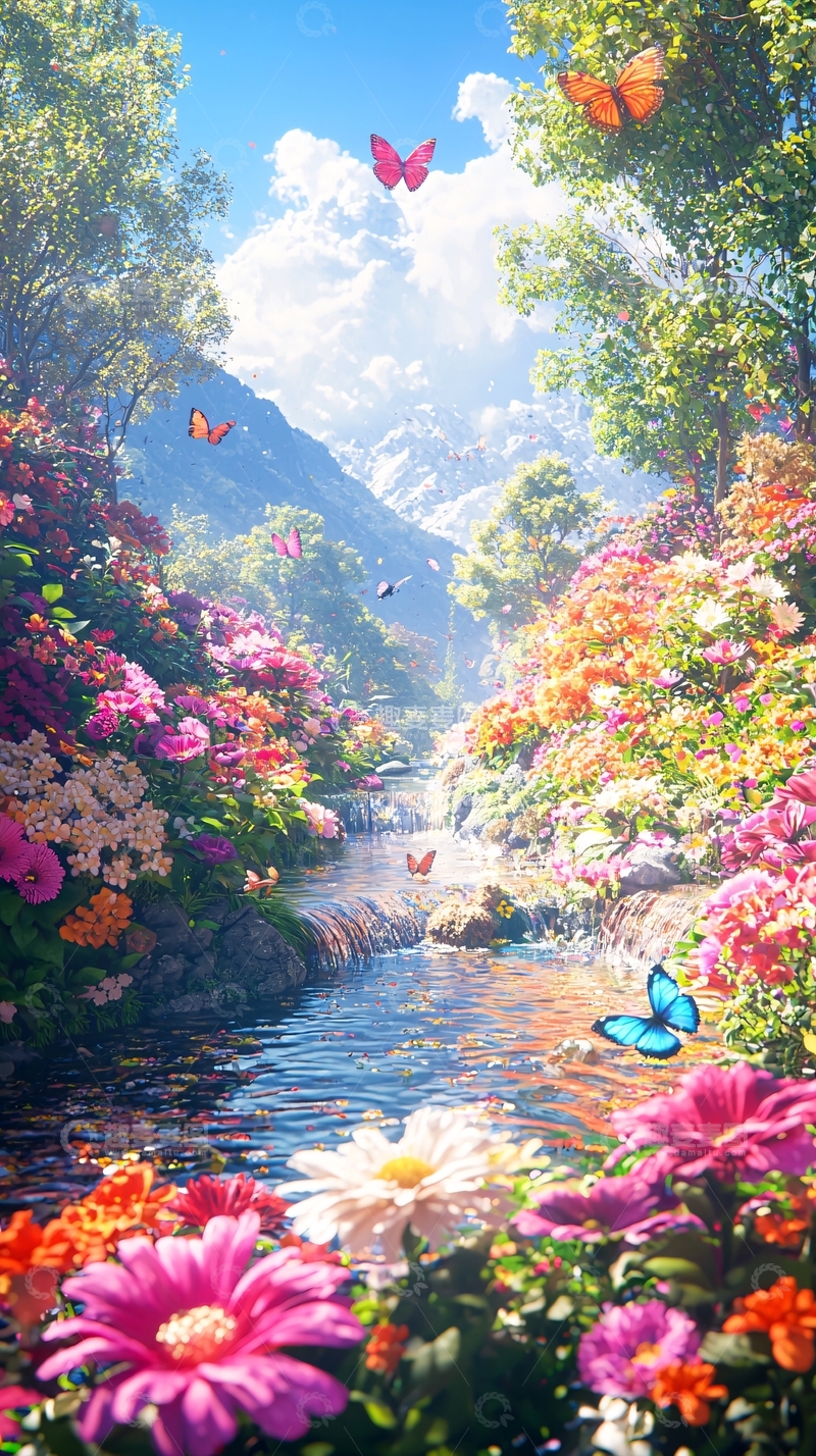 高清大图下载【趣麦麦图】梦幻花海溪流