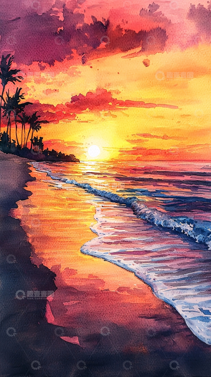 高清大图下载【趣麦麦图】热带海滩日落风景画