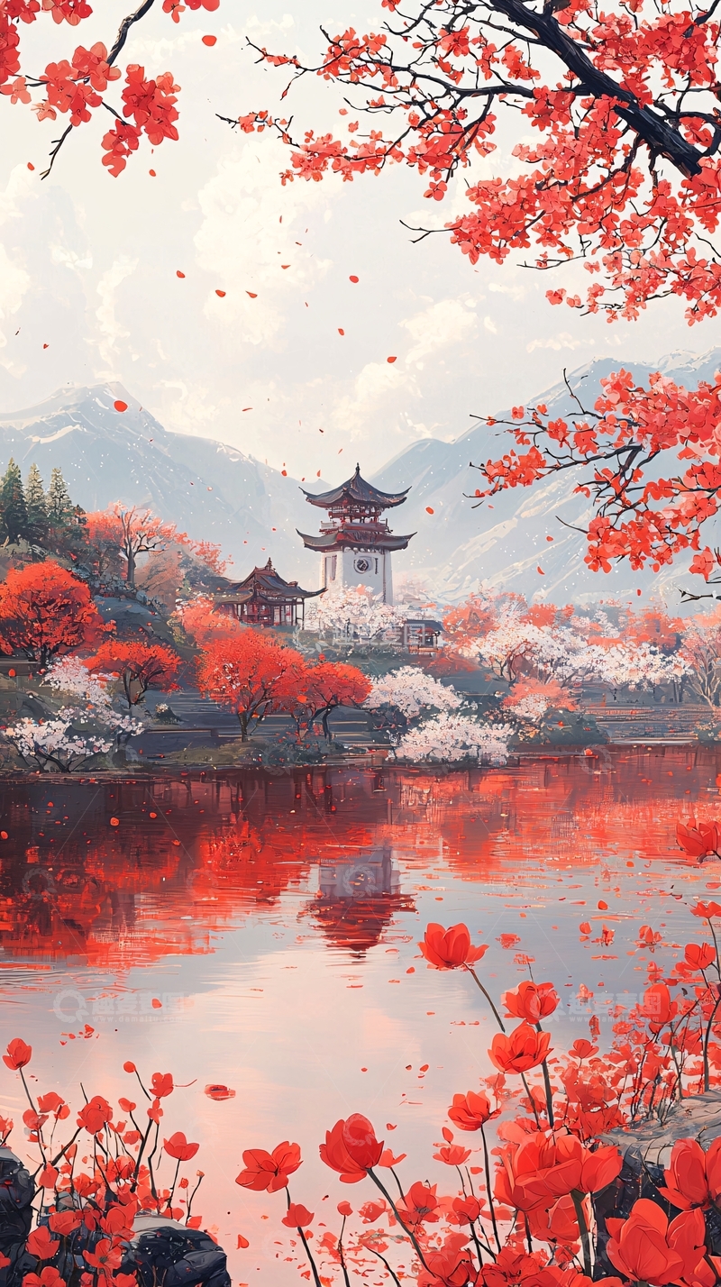 高清大图下载【趣麦麦图】红色日式庭院风光