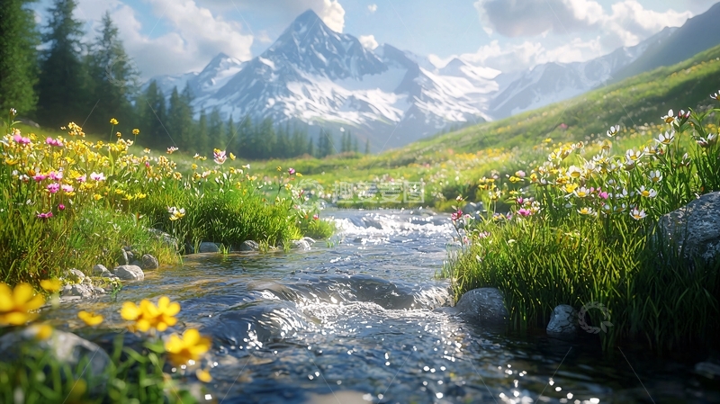 高清大图下载【趣麦麦图】雪山花海溪流
