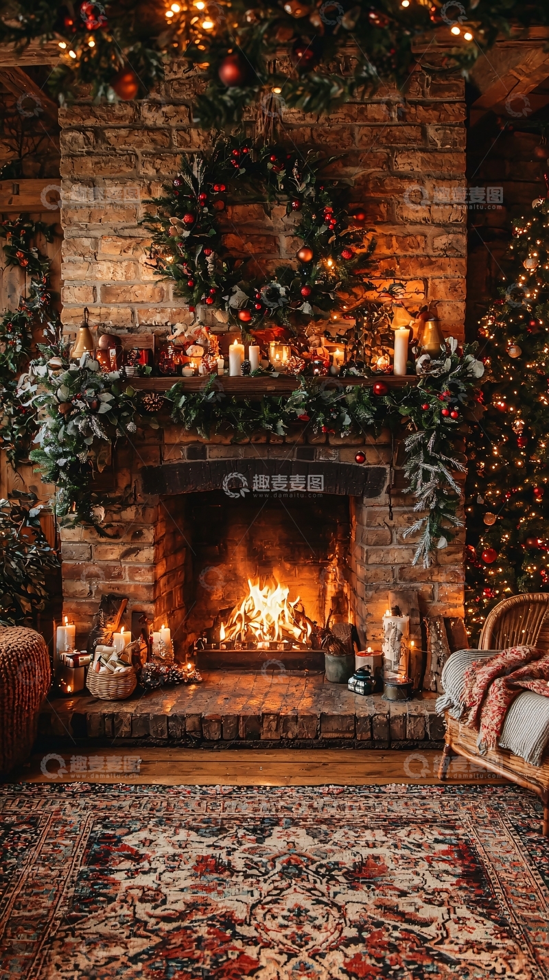 高清大图下载【趣麦麦图】温暖的壁炉圣诞节装饰