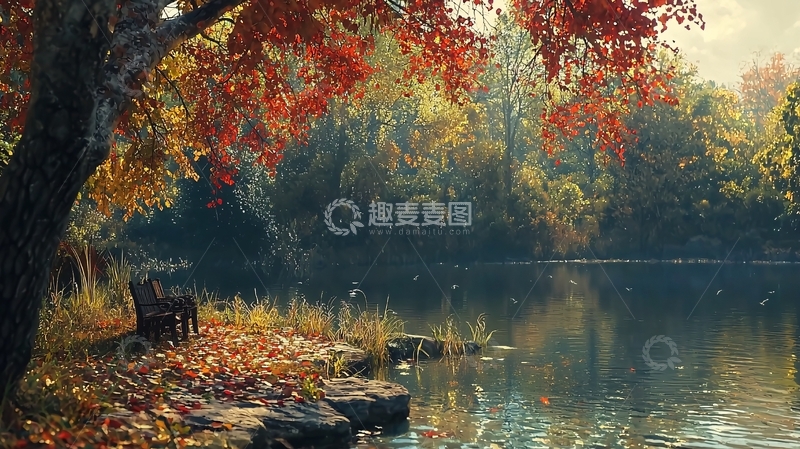 高清大图下载【趣麦麦图】秋日湖边树林景色