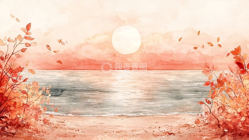 高清大图下载【趣麦麦图】水彩日落海景