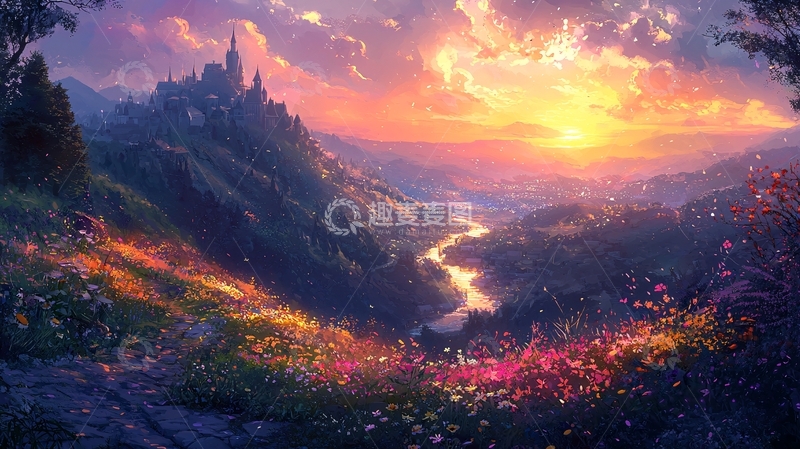 高清大图下载【趣麦麦图】山顶城堡落日美景