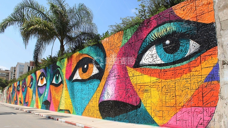 高清大图下载【趣麦麦图】彩色墙面眼睛壁画