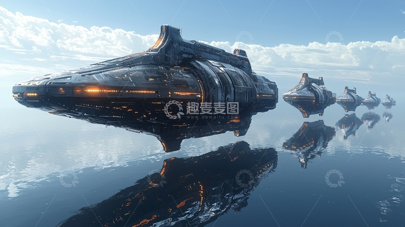 高清大图下载【趣麦麦图】未来飞船编队飞行在水面