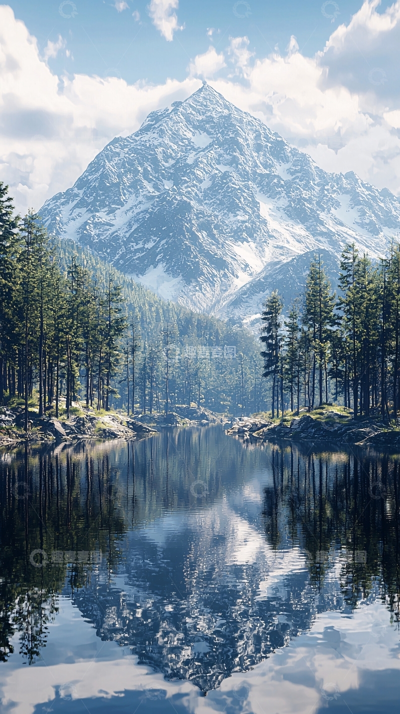 高清大图下载【趣麦麦图】雪山湖泊森林倒影美景