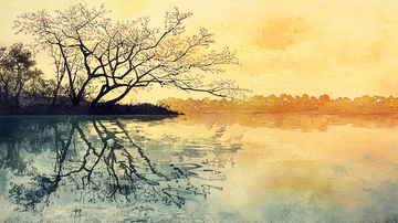 夕阳下湖边枯树倒影