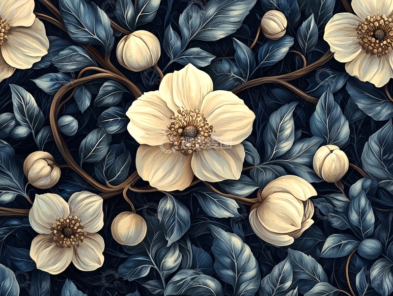 高清大图下载【趣麦麦图】米色花朵蓝色叶子背景