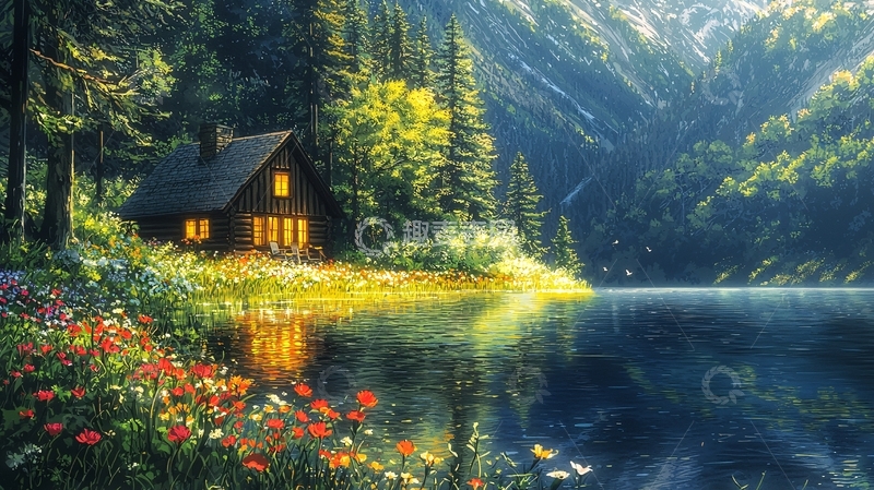 高清大图下载【趣麦麦图】湖边木屋