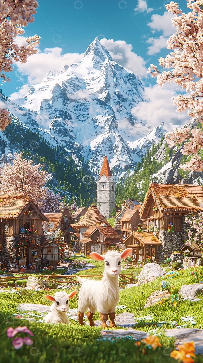 高清大图下载【趣麦麦图】阿尔卑斯山村庄小羊