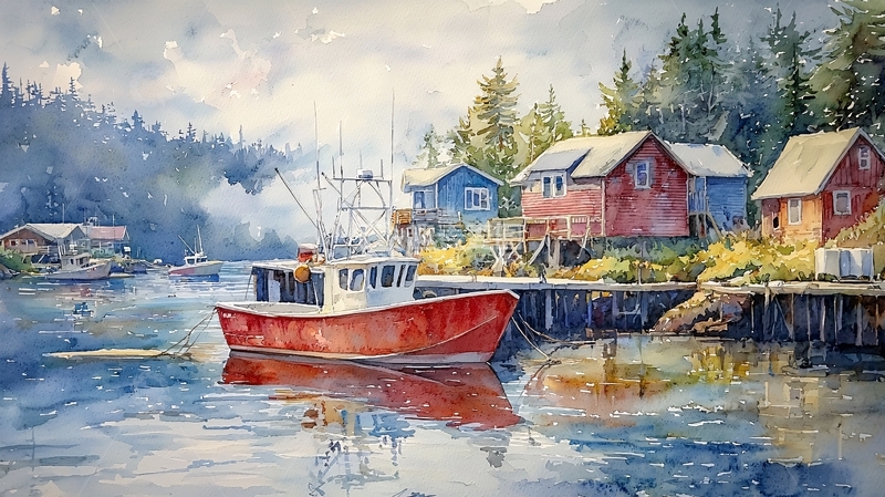 高清大图下载【趣麦麦图】宁静的水边渔村和红色渔船